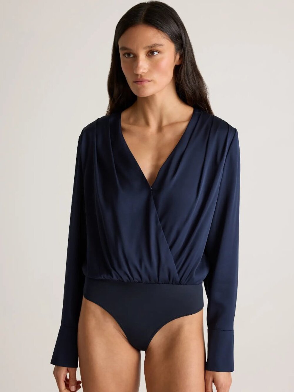 Quince Navy Washable Stretch Silk Surplice Bodysuit Size M
